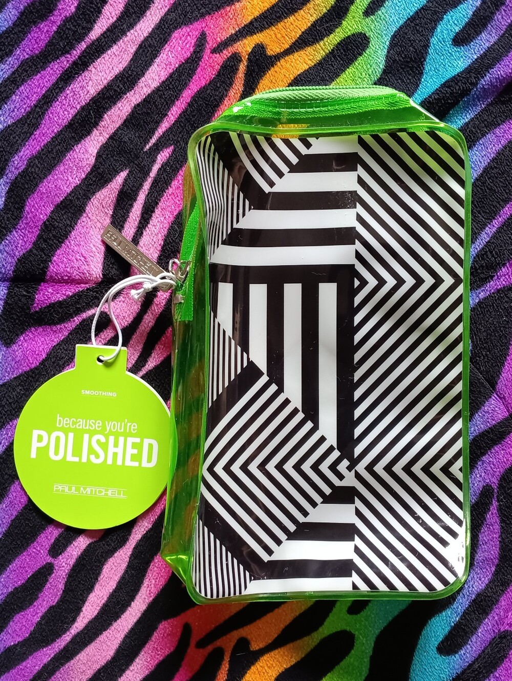 💚*4/$15* NWT Paul Mitchell Green Geometric Holiday Makeup Cosmetic Travel Bag